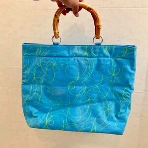 Sunny Hawaii Blue Canvas Handbag with Bamboo Handles – Vintage Tropical Tote